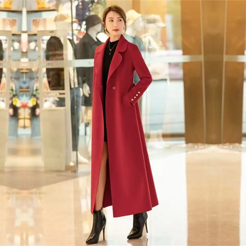 

Autumn Winter High-end Women Long Woolen Coat Bathrobe Design Double Sided Wool Fashion Overcoat Lace Up Solid Color Soft Belt