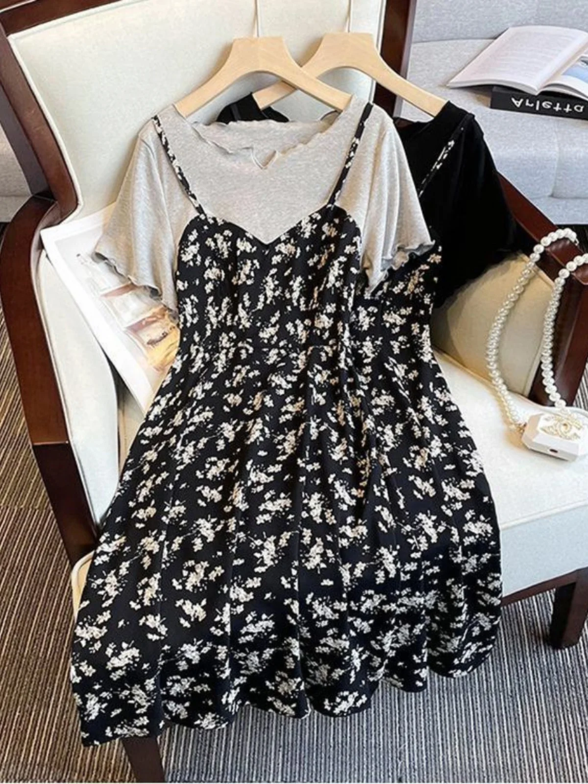 

Летнее платье больших размеров с цветочным принтом в корейском стиле, с круглым вырезом, короткими рукавами, свободного кроя, средней длины, А-силуэта, для женщин