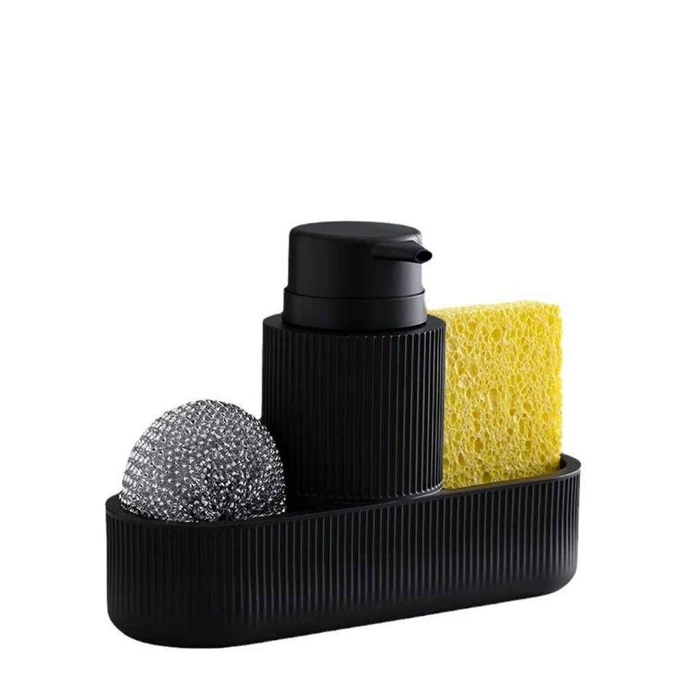 Black Dish Soap Dispenser Set 280ml Capacity Sponge Holder and Brush for Kitchen Sink Organization Resin 22x8x16cm