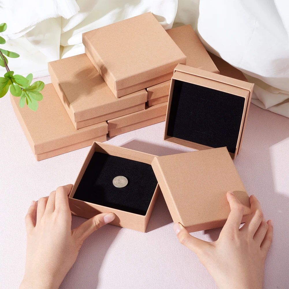 8Pcs Square Kraft Paper Boxes Necklace Gift Box with Black Sponge Jewelry Organizer Storage Packaging Container 11.2x11.2x3.8cm