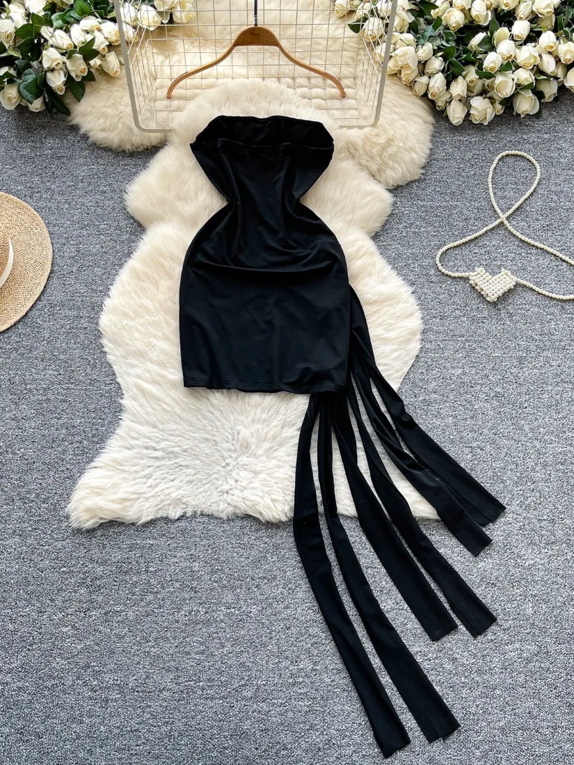 Foamlina Summer Women Black Strapless Dress Ladies Stylish Sleeveless Twisted Cutout Ruched Ribbons Mini Party Bodycon Dress