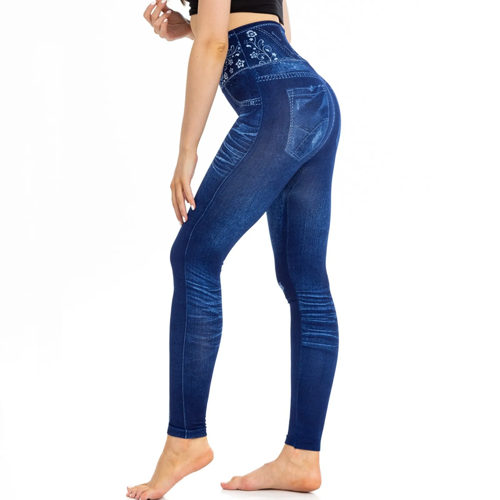 High Waist Imitation Jean Blue Jeggings For Women Stretch Skinny Leggings Pencil Pant Faux Denim Jeggings Ladies Sexy Leggings