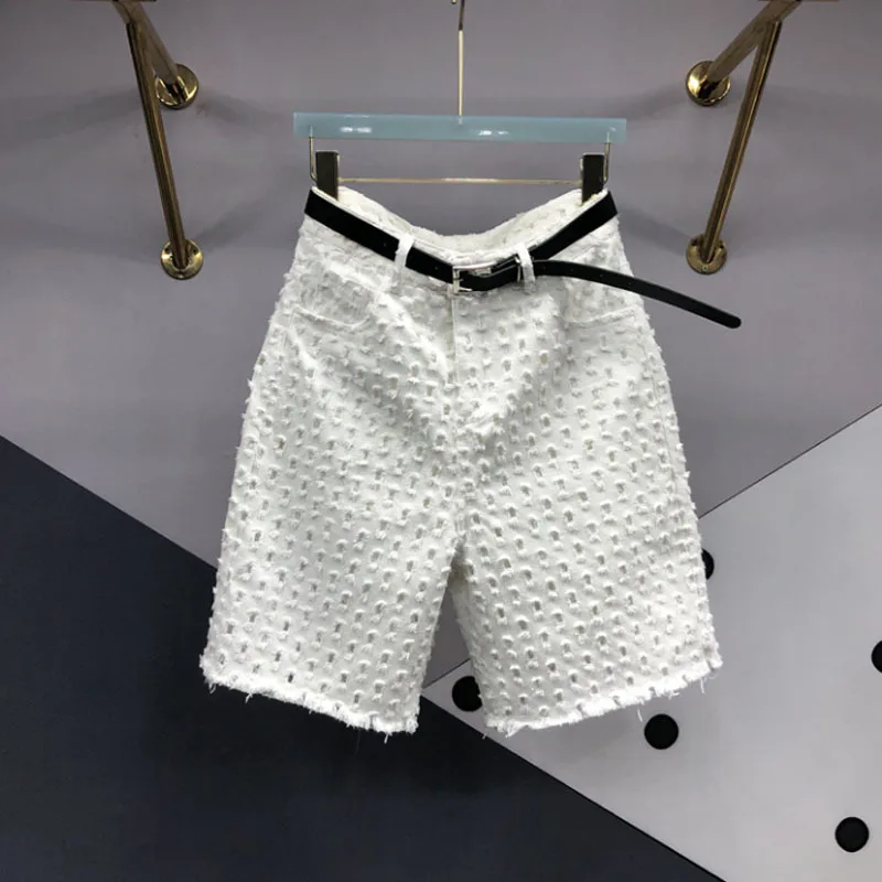 White Hollow Out Design Denim Shorts Women Spring Summer High Waist Straight Loose Wide Leg Short Jeans s624