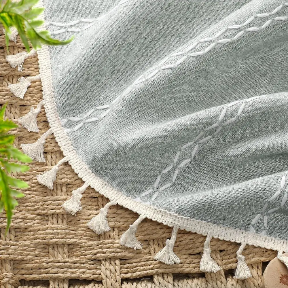 84 rideaux Boho en lin vert clair avec glands, broderie pour salon, style ferme