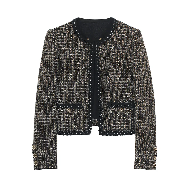 High Quality Woven Tweed Suit Women Fashion O Neck Sequined Fastener Short Coat+ Mini Skirt Small Fragrance Lady Two-piece Set