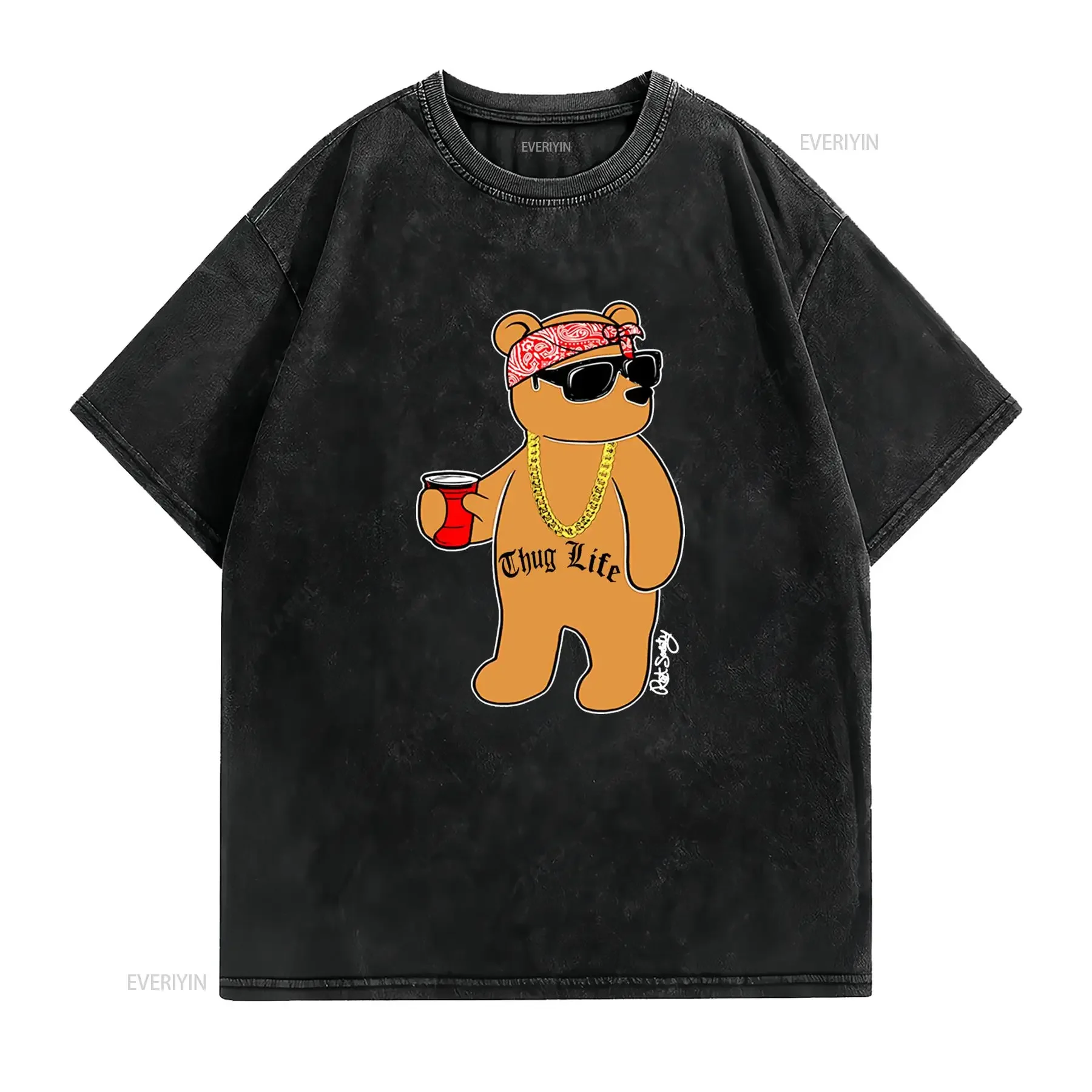 Streetwear Cool Thug Life Gangster Teddy Bear Hip Hop Print Casual T Shirt vintage Washed Comfortable fashion homme Slightly