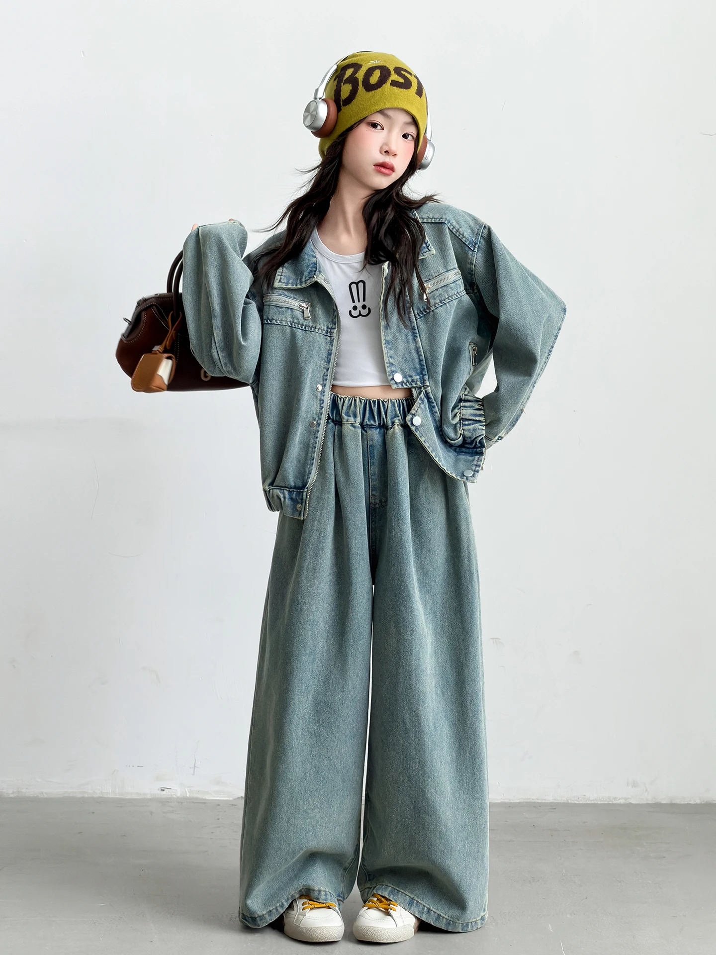 

Girls Spring Autumn Denim Set High Waist Wide Leg Pants Long Sleeve Sweatshirt Casual Style Two Piece Suit Korean Fashion