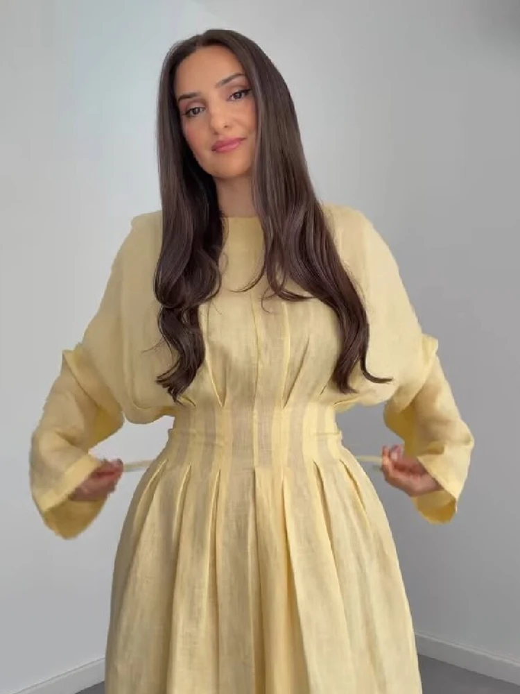 Elegant Soft Yellow Dress Crew Neck Long Balloon Sleeves Gathered Waist Back Tie Loose Fit Maxi Skirt Women Casual Daily Wear