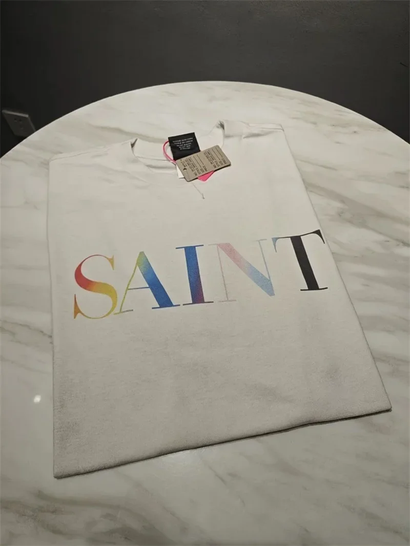 25ss Casual Saint Michael White T Shirts Men Women Rainbow Letters Logo Print Oversized  Pure Cotton T-Shirt