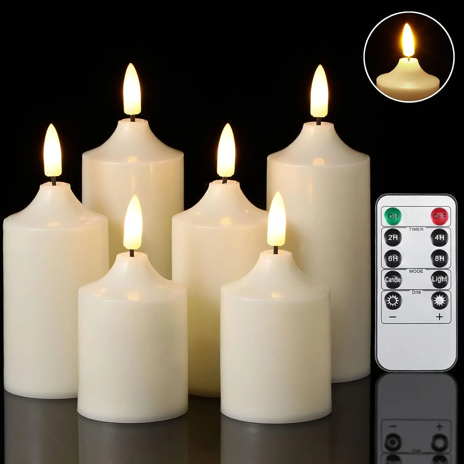 Remote controlled Pointed Flameless LED Pillar Candle Realistic 3D Wick Flickering Paraffin Battery operated Candle Light D5.3cm