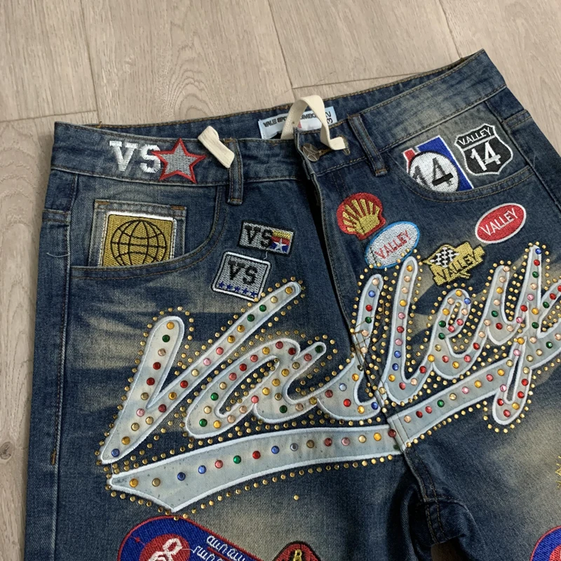 New Y2K Colorful Rhinestone VALLEY Embroidery Patch Label Denim Shorts Jorts Men Women High Quality Loose Straight Short Jeans