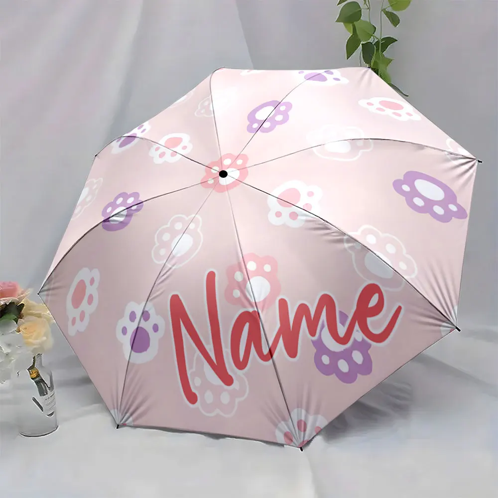 Custom Name Umbrella Pastel Umbrella with Cute Paw Print Design Print 8 Iron Ribs Folding Umbrella Auto-Open Fashion Sunshade