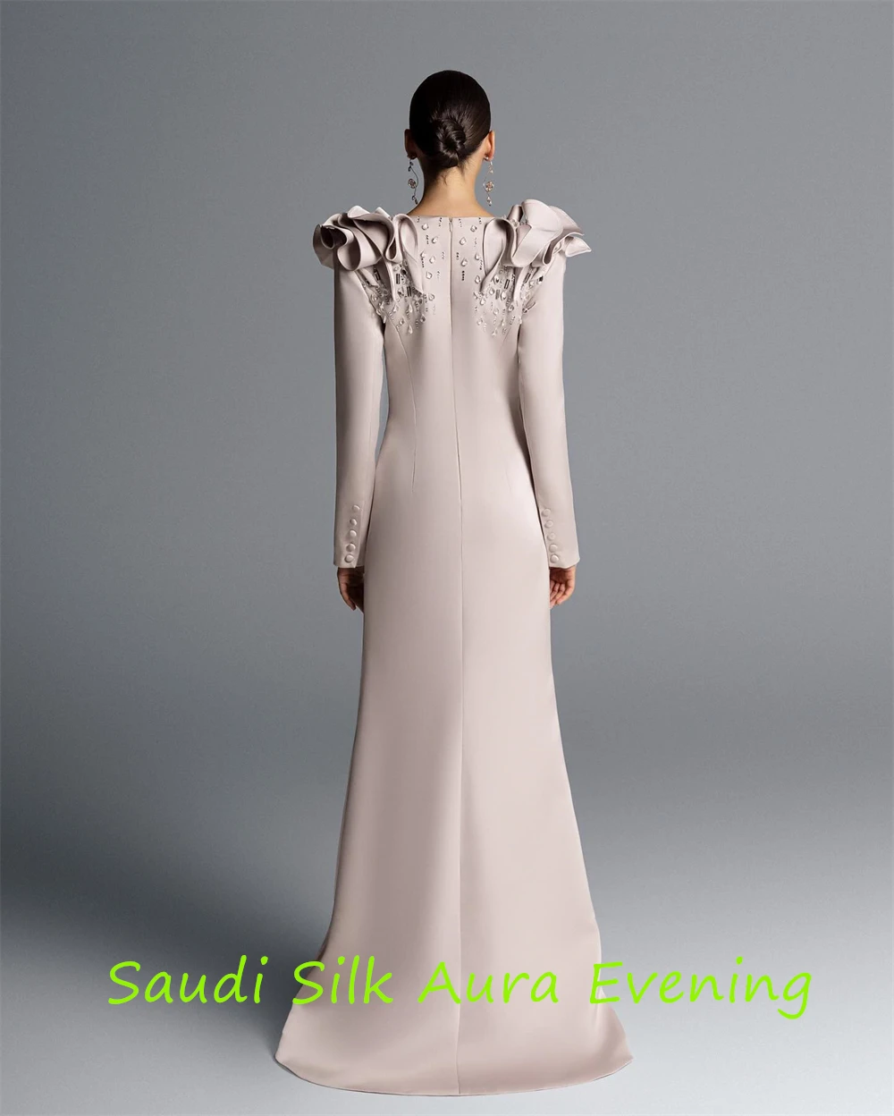 ที่กําหนดเองอารมณ์สีเทา JERSEY ชุดราตรี V คอแขนยาวคนดังชุดคริสตัล Vestido De Festa ปุ่ม