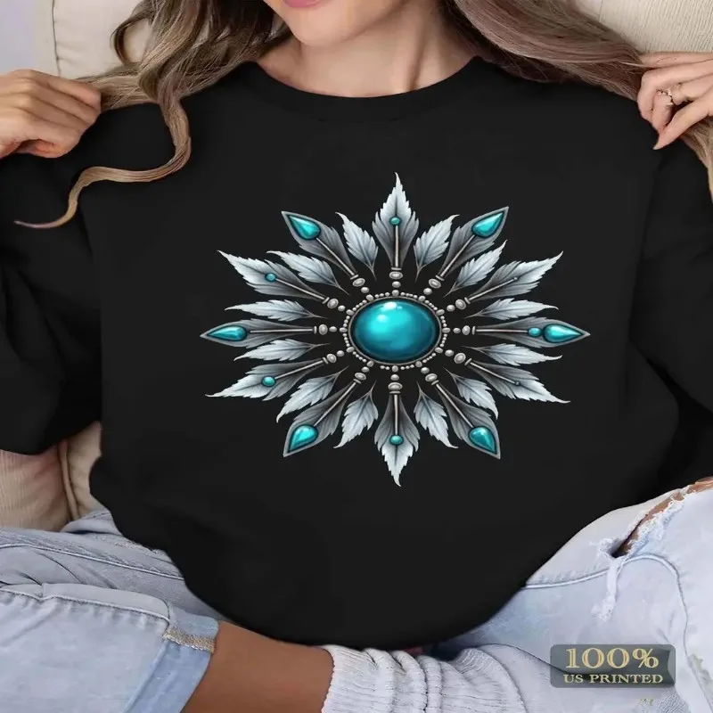 

Women Plus Size Mandala Blue Gemstone Geometric Print Sweatshirt Black Casual Long Sleeve Round Neck Pullover, Machine