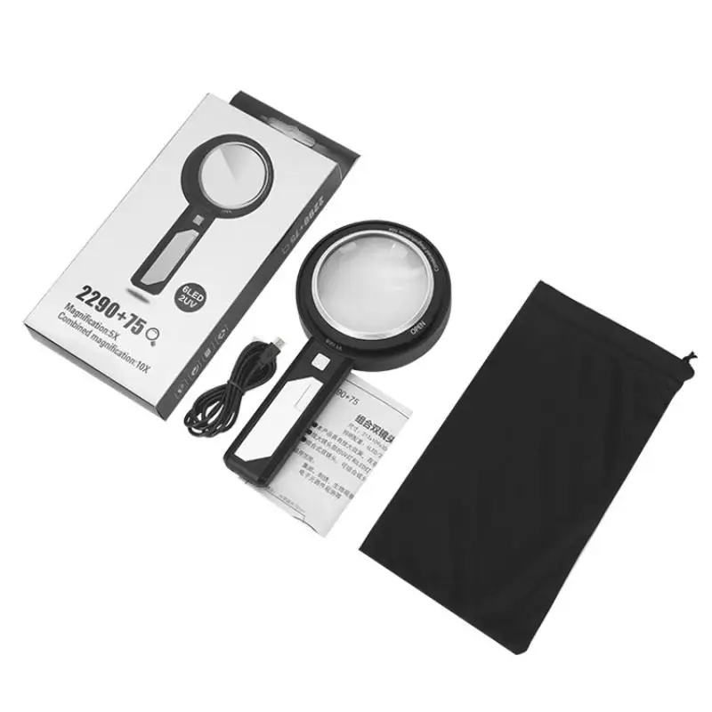 Lupa de Mão Recarregável, Luz LED Circular, Coleção Antique, Apreciação, Leitura, 15X, 21X, 28X