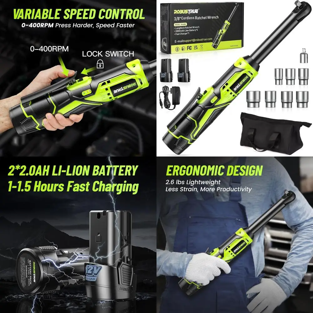 

6 удлиненных аккумуляторных ключей с храповым механизмом, крутящим моментом 40 фунтов, 400 об/мин, 2 батареи, переменная скорость, 7 головок, светодиодная подсветка