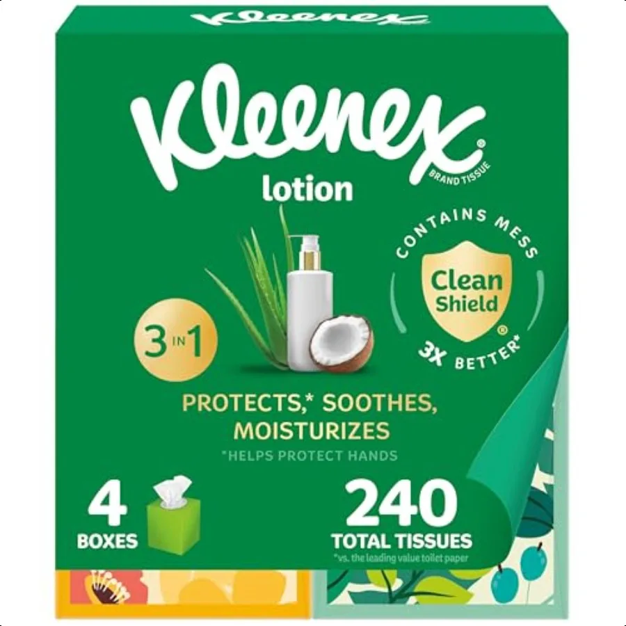 Lotion Facial Tissues with Coconut Oil 4 Cube Boxes 60 Tissues Per Box 3Ply
