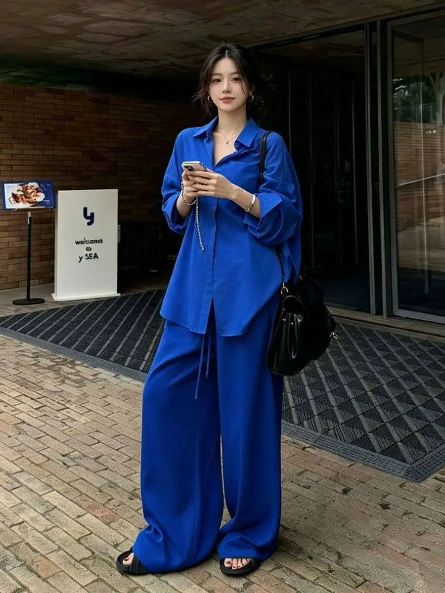 Slimming Effect Klein Blue Women's Fashion Set Casual Shirt And Pants Spring Summer Season Long Sleeve Casual Style Polyester...