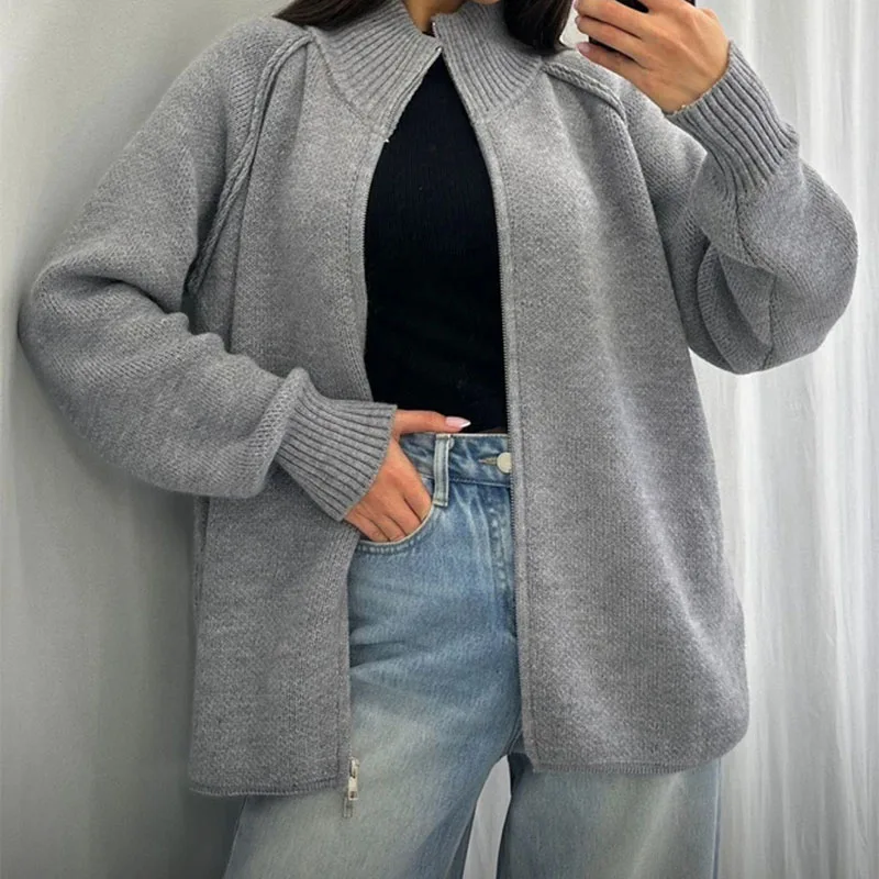 

Fall Winter Trendy Stand Collar Zipper Coat Elegant Lady Long Sleeve Commute Sweater Coat Temperament Simple Women Knit Cardigan