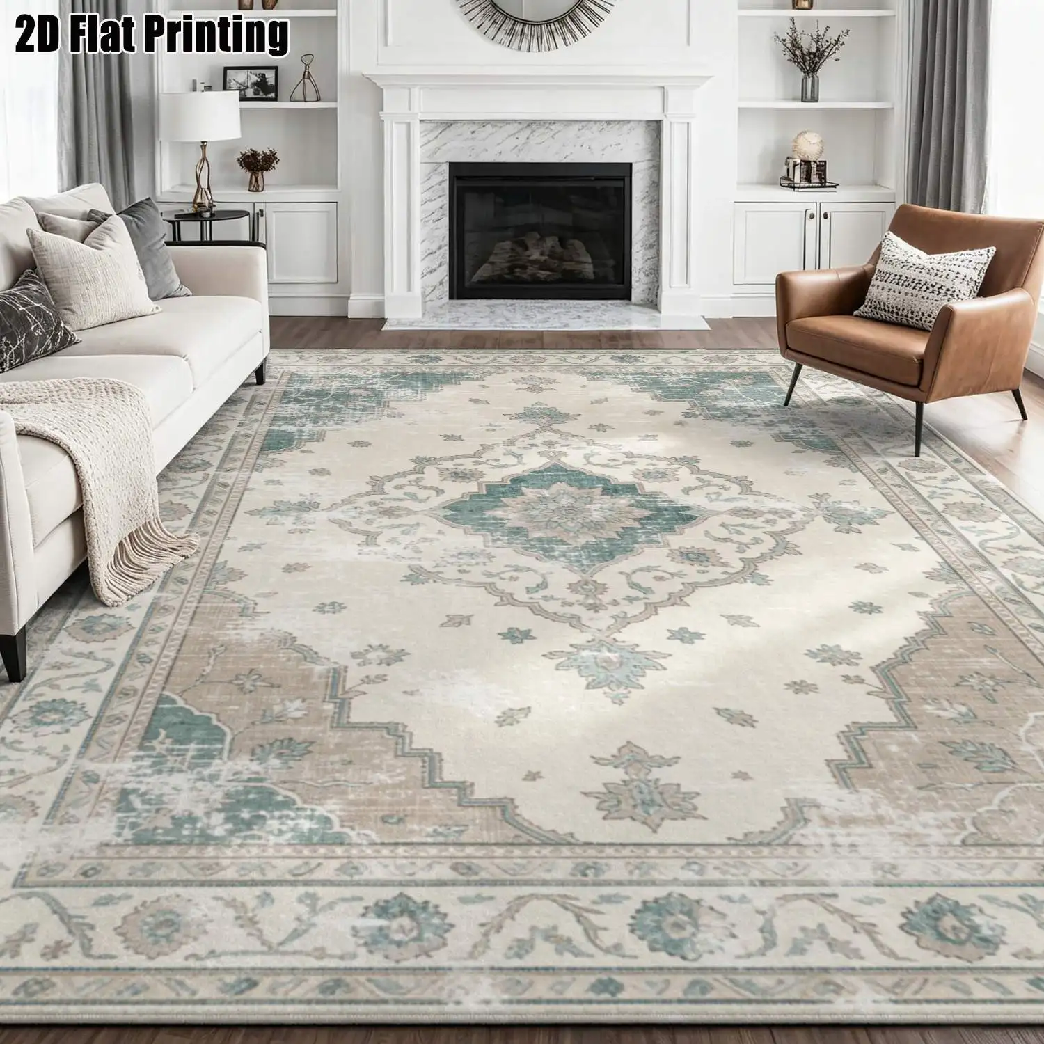 1Pc 2D Printed Retro Blue-Grey Floral Carpet Vintage/Geometric Minimalist Options for Home Decor, Multiple Sizes, Machine Washable. Ideal for Living Room, Bedroom, Dining Room, Entryway, Study.