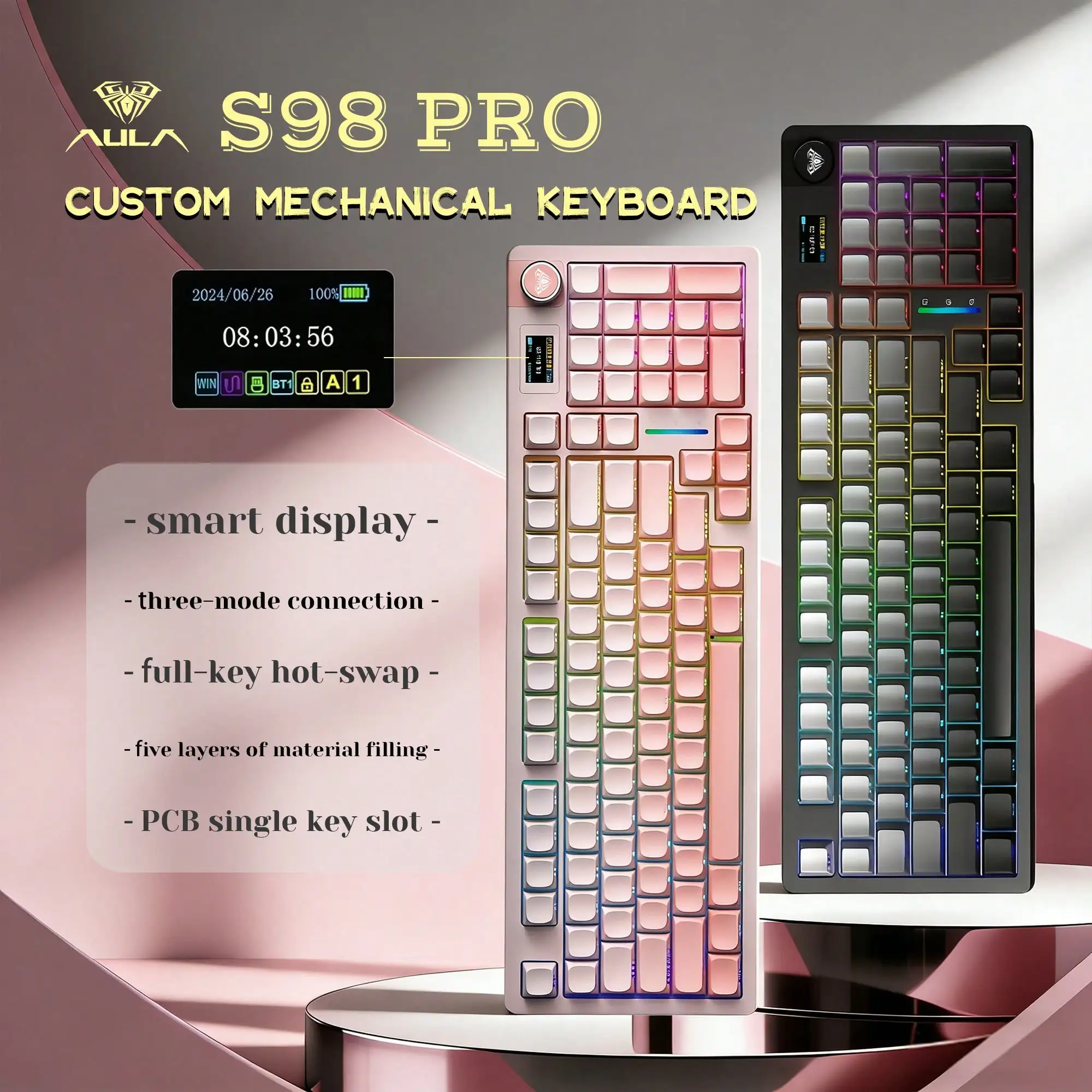AULA S98pro Custom Mechanical Keyboard Three Mode Wireless Hot Swap Gasket Structure RGB Backlight Custom Gaming Keyboard PC