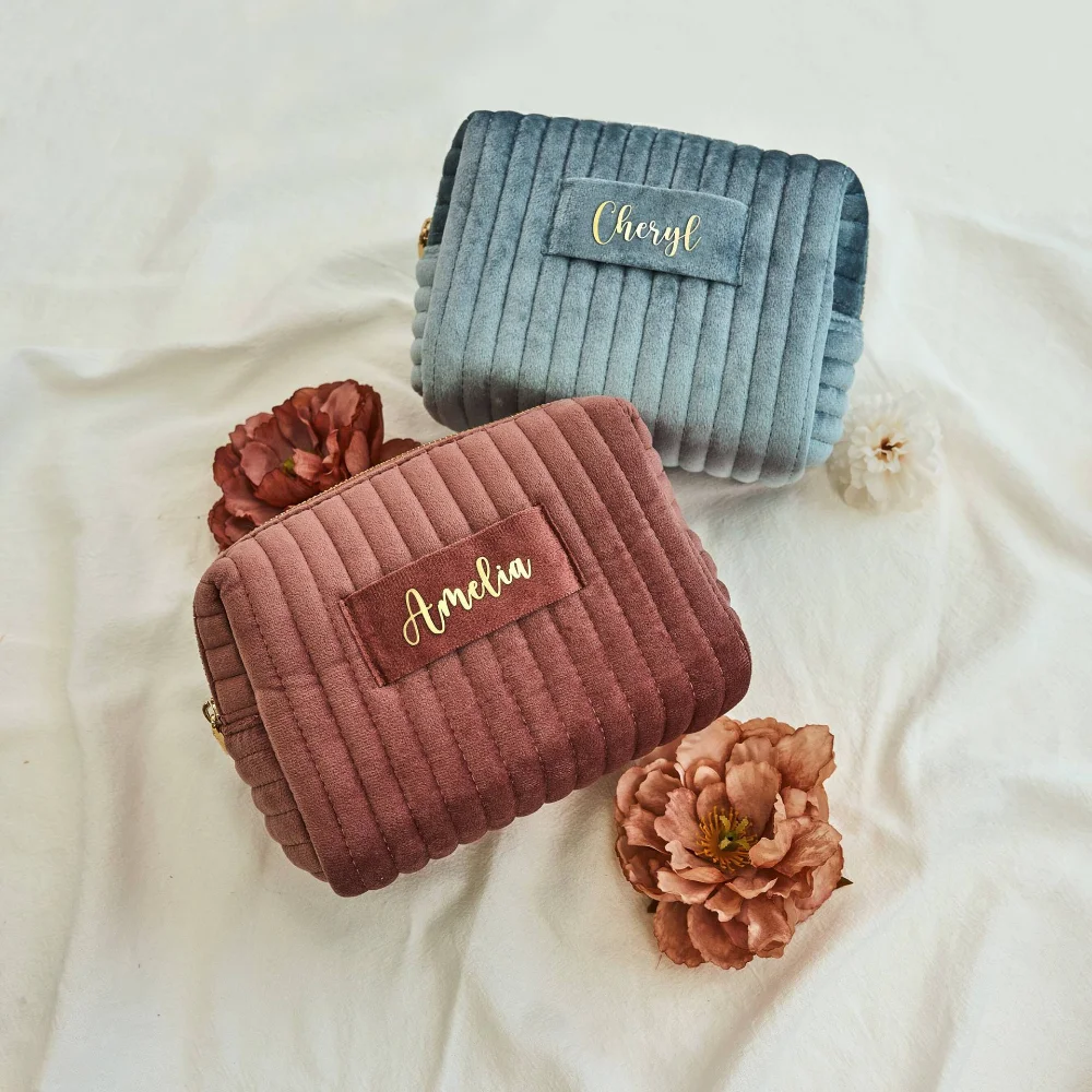 Personalized Velvet Makeup Bag Large Capacity Travel Portable Set Wedding Anniversary Gift For Her Skin-Friendly Material