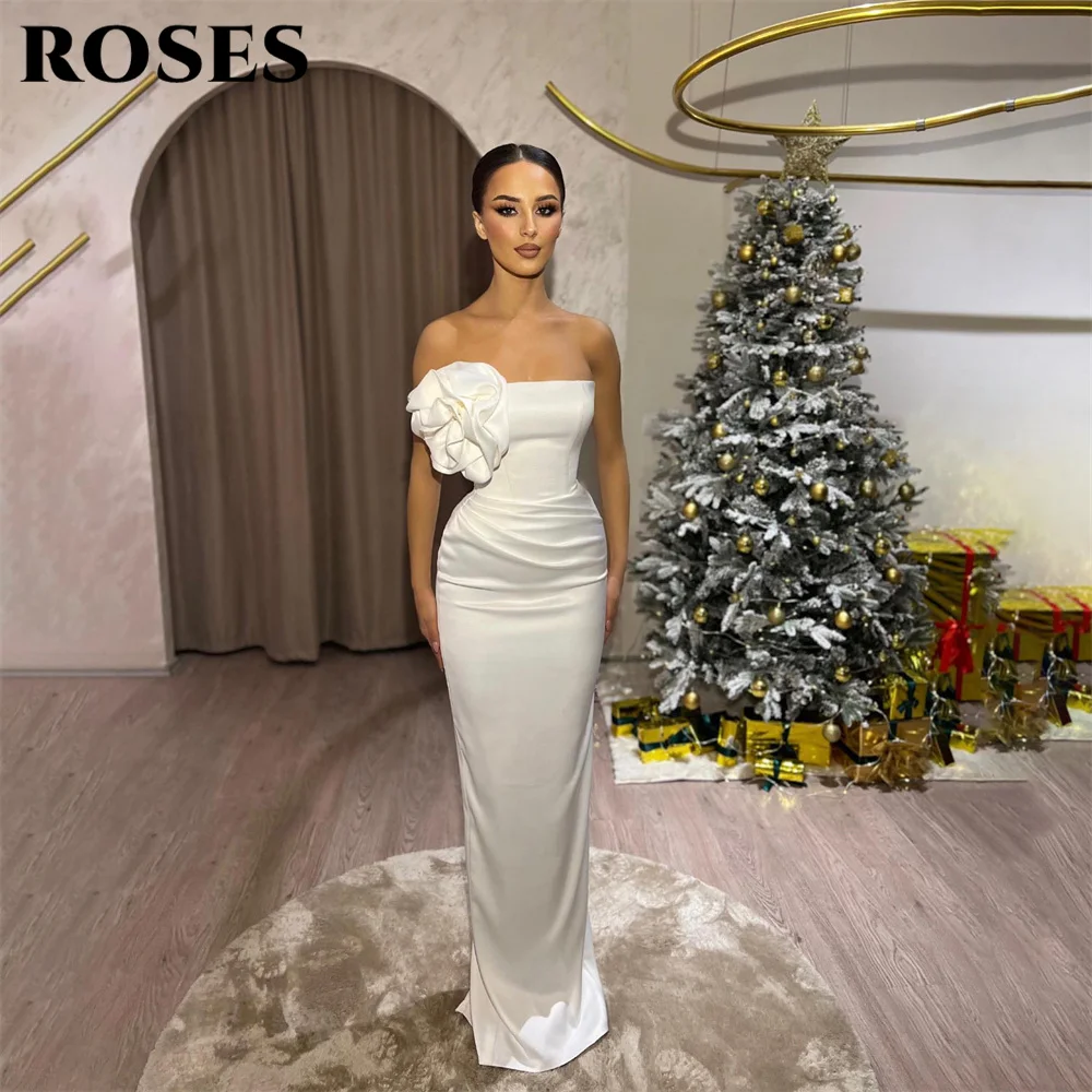 

ROSES 3D Flowers Strapless Party Dresses White Prom Dress Sleeveless Stain Mermaid Evening Dresses Floor Length robes de soirée