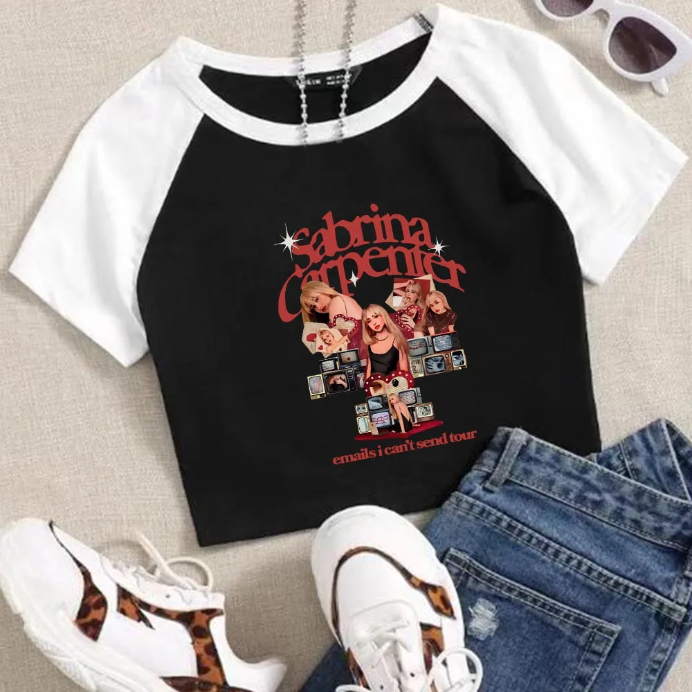 Sabrina Carpenter Emails I Can’t Send Tour 2024 Crop Tops Music Fans Gift Girls Fashion Super-short O-Neck Casual Short Sleeves