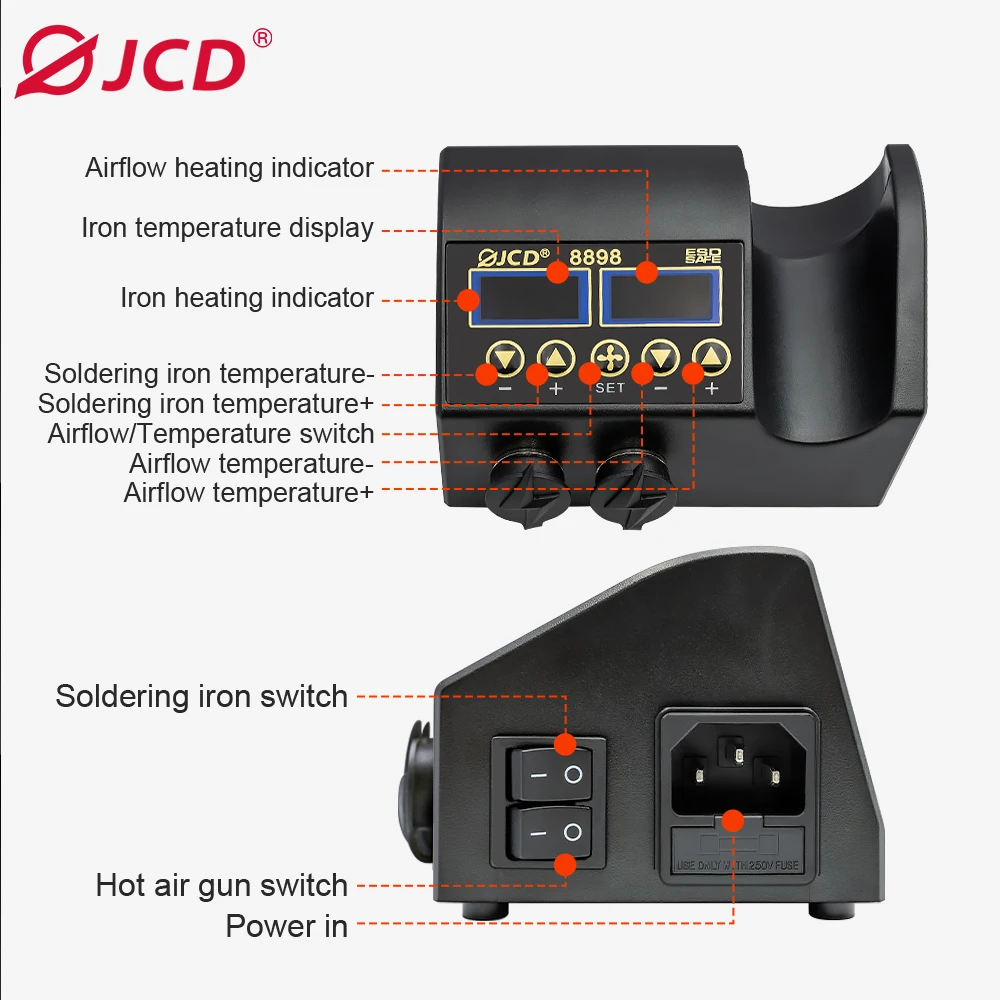 JCD-pistola de aire caliente 2 en 1, estación de soldadura de retrabajo Digital LCD de 800W, soldador eléctrico para teléfono PCB IC SMD 8898, juego