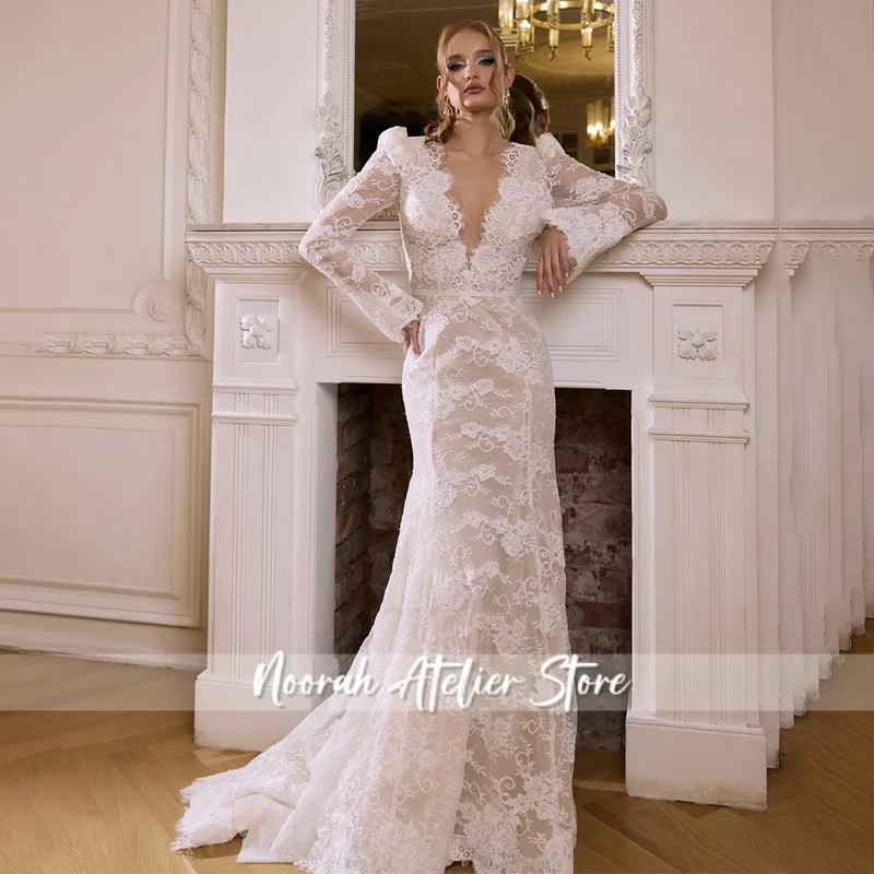 

Кружевные свадебные платья с глубоким V-образным вырезом на заказ, свадебное платье русалки с длинными рукавами и пуговицами сзади, скользящим шлейфом, платья amanda novia