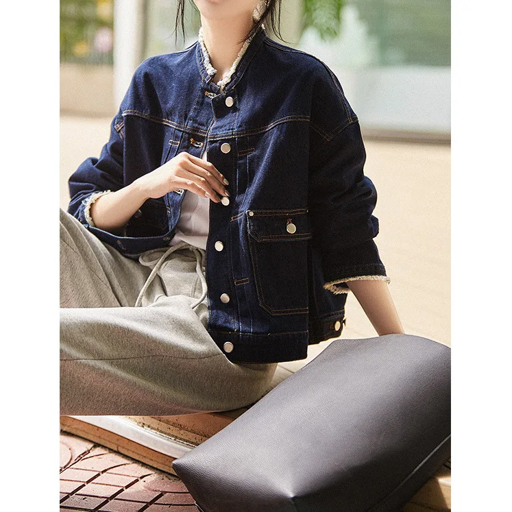 Textured Washed Denim Shirt, Design Hair Beard Edge Short Jacket 2025 Spring and Autumn Women's Clothing, Cotton Denim