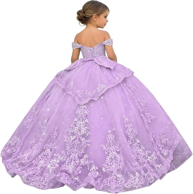 Maßgeschneidertes lila Blumenmädchenkleid für die Hochzeit, Spitzenkleid mit Puffärmeln, bodenlang, für Kinder, Geburtstag, Festzug, Erstkommunion
