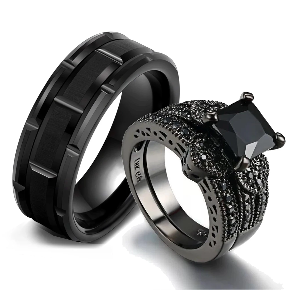 Fashion Jewelry for Lover Gifts Couple Rings for Women Black Rhinestone Female Rings Set Trendy Men Stainless Steel Ring Set