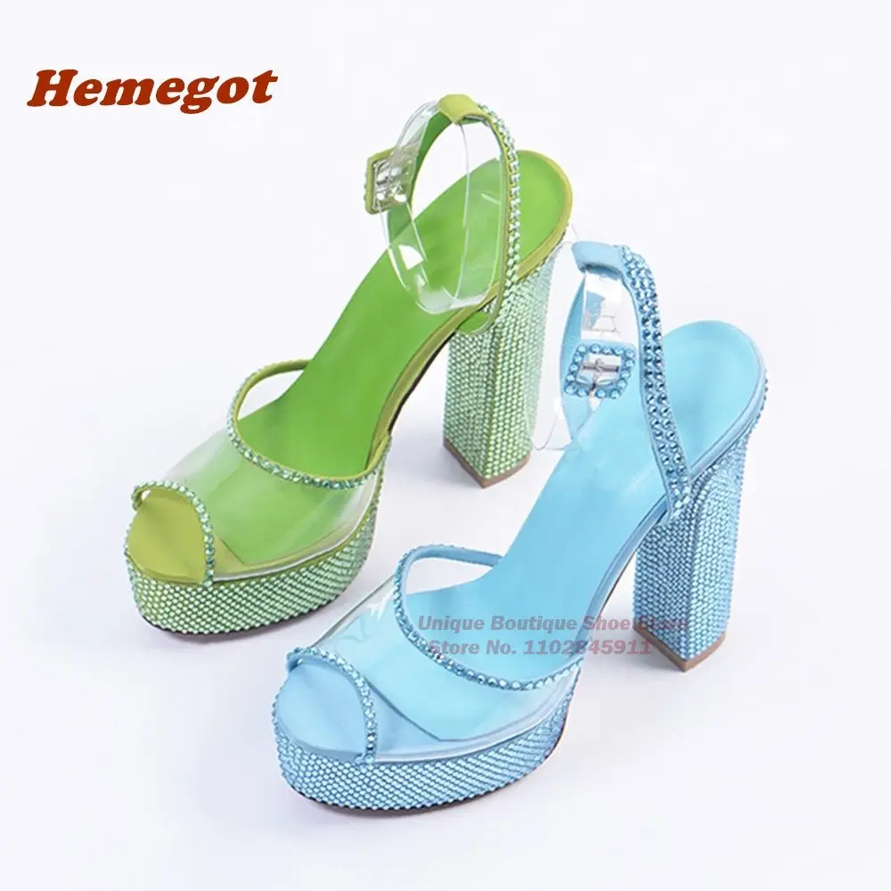 

Rhinestones Platform Square Heels Sandals Peep Toe Crystals Slingback Buckle Women's Sandals 2024 New Luxury Party Shoes Wedding