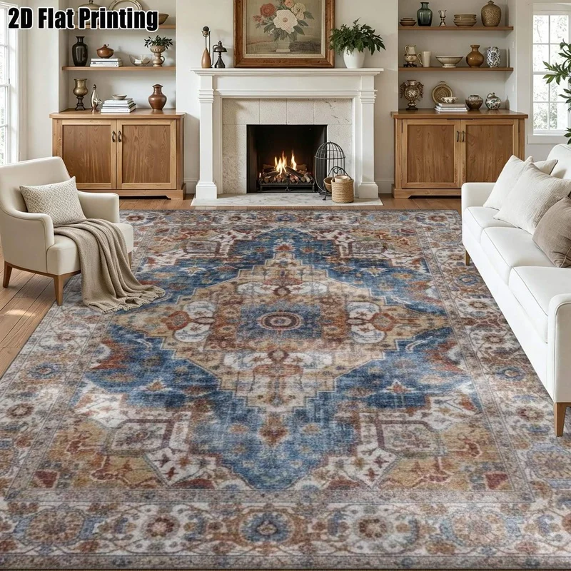 Large Indoor Area Rug, Soft Velvet Low Pile Machine Washable, Vintage Persian Medallion Pattern in Blue, Beige and Rust Tones, Ideal for Living Room, Bedroom, Entryway Decor