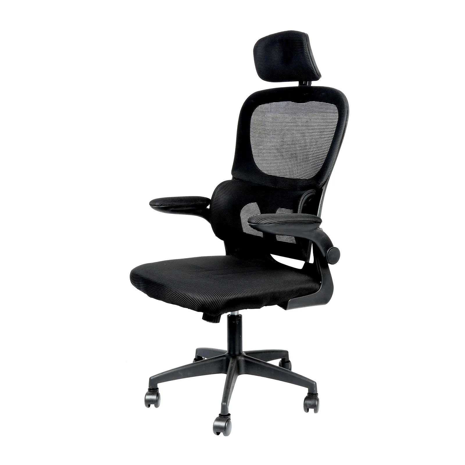 Chaise de bureau ergonomique, chaise de jeu pivotante, dossier haut en maille, avec support lombaire, accoudoirs pliables, appui-tête amovible