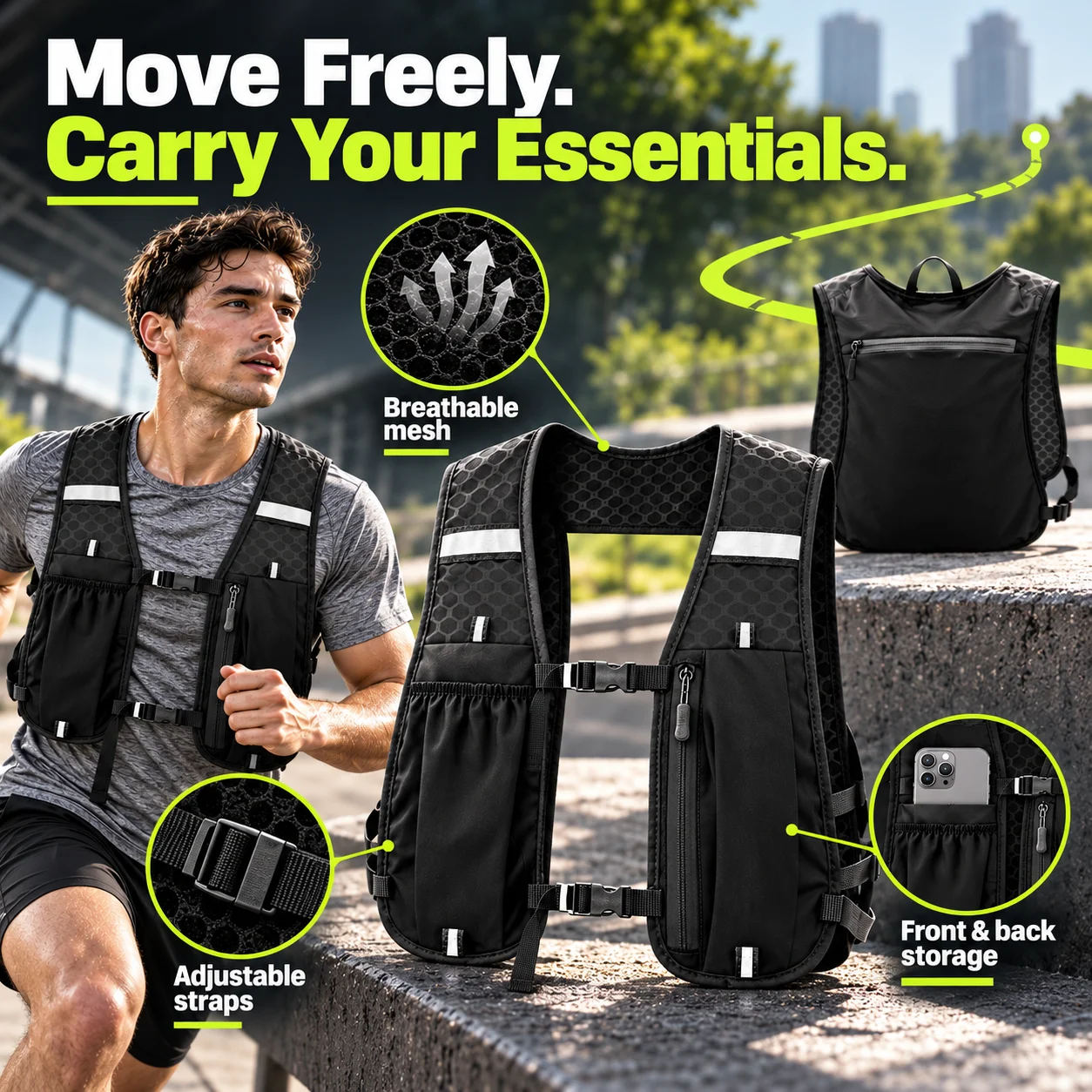 Black Running Vest Bag with Breathable Mesh, Adjustable Straps, Reflective Details and Storage Pockets for Hiking Cycling