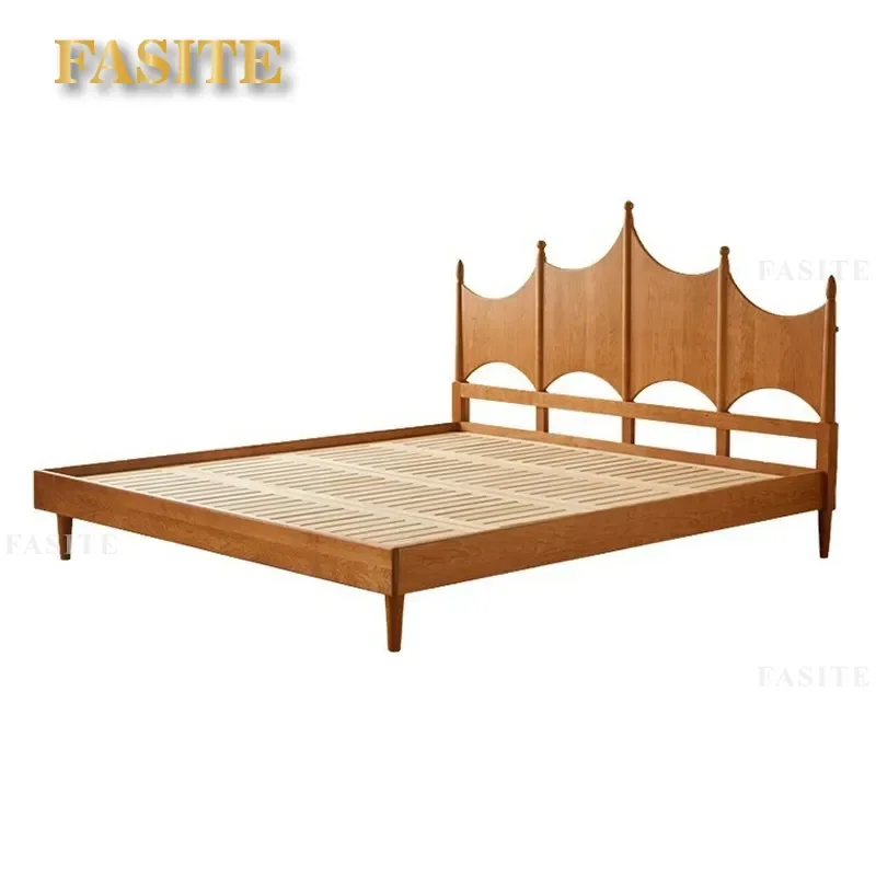 North American Cherry Wood Solid Bed Frame Modern Simple Princess Crown Design Retro Style Full Size Double Single Bedroom