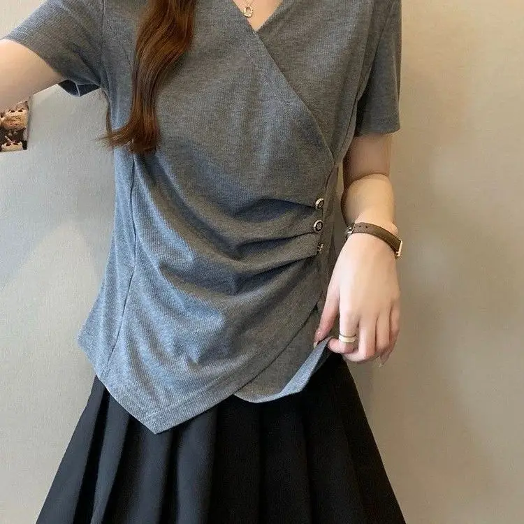 Summer Plus Size Women's New Arrival Solid Color Waist-Cinching Button Spliced Irregular V-Neck Short Sleeve T-Shirt