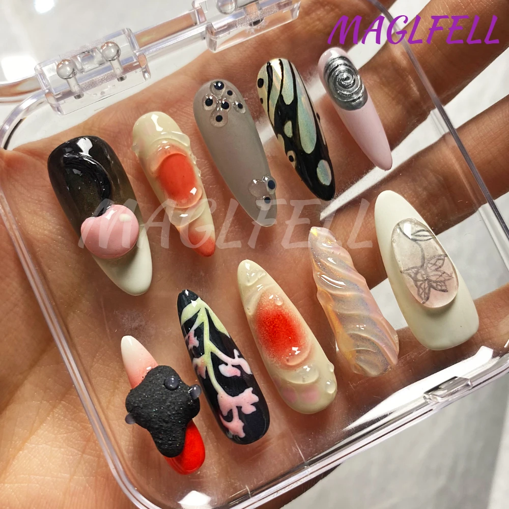 10Pcs Luxury 3D Press On Nails Long Almond Design Acrylic False Nails ABS Artificial Fake Nails DIY Manicure with Set