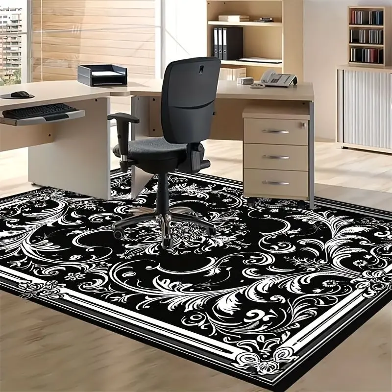 VIKAMA Retro Black-and-White Floral Rug Durable Computer Chair Mat Non-Slip Machine-Washable Living Room Carpet Home Decor