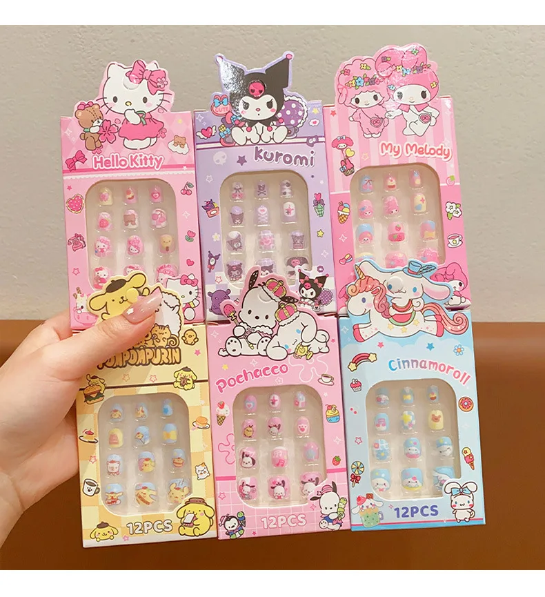 3-12 Years Old Children SANRIO Press On Nails Cartoon Anime Cinnamoroll Kuromi My Melody Short False Nails Tips Nail Cute Decors