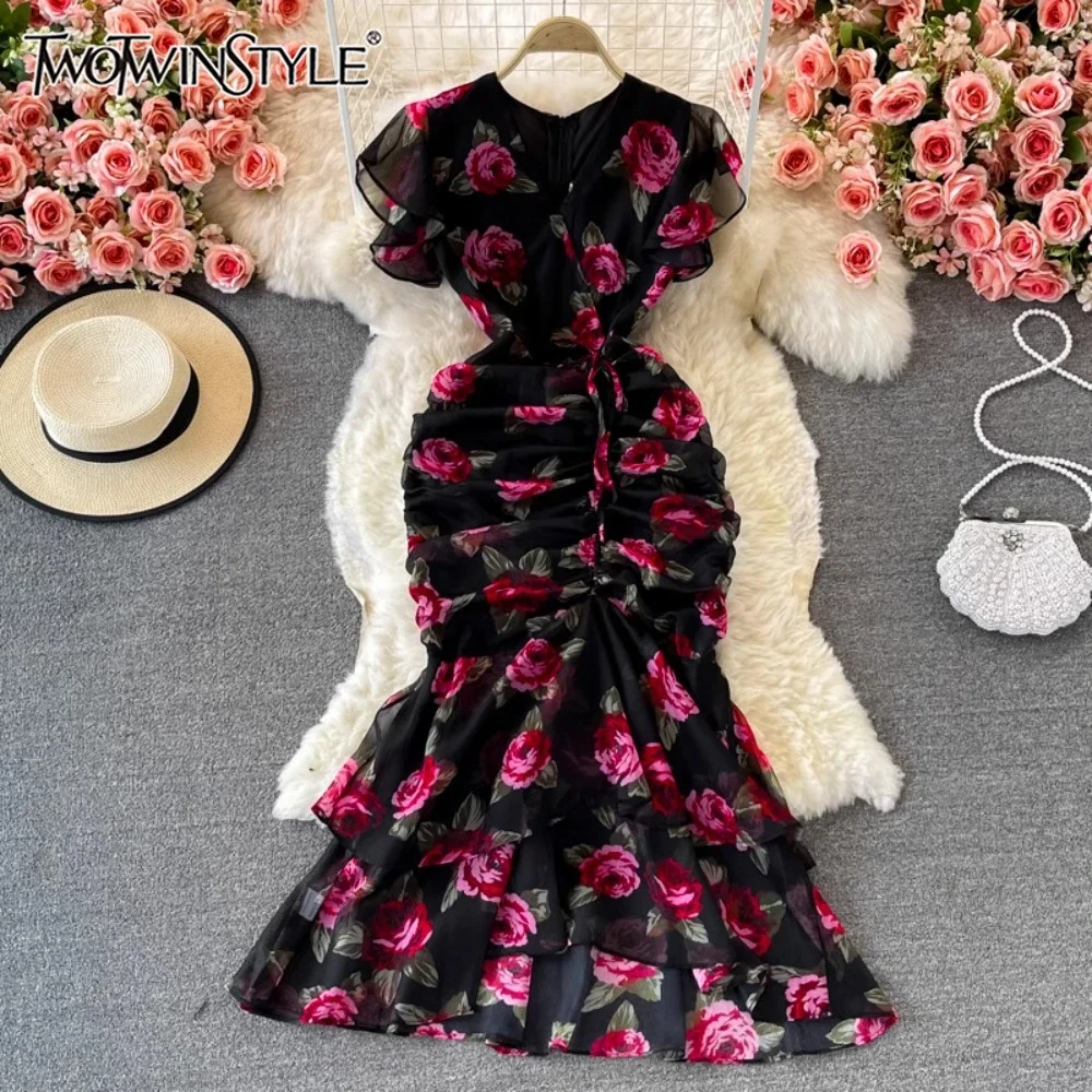 

TWOTWINSTYLE Floral Printted Elegant Dress For Women V Neck Short Sleeve Patchwork Ruffles Slimming Dress Female New KDR524913