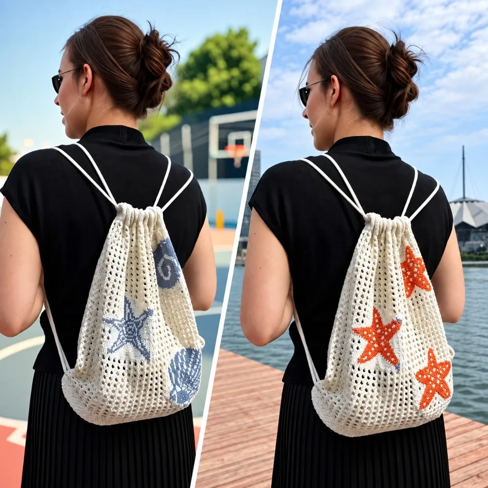 Starfish Embroidery Hollow-Out Backpack Shell Large Capacity Woven Shoulder Bag Crochet Drawstring Backpack for Beach Vacation