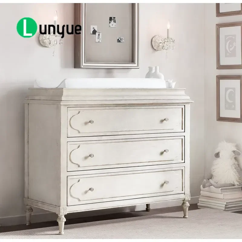 Imitation Old White Solid Wood Three Drawer Baby Diaper Changing Dresser Farmhouse Style Carved Leg Cabinet For Nursery
