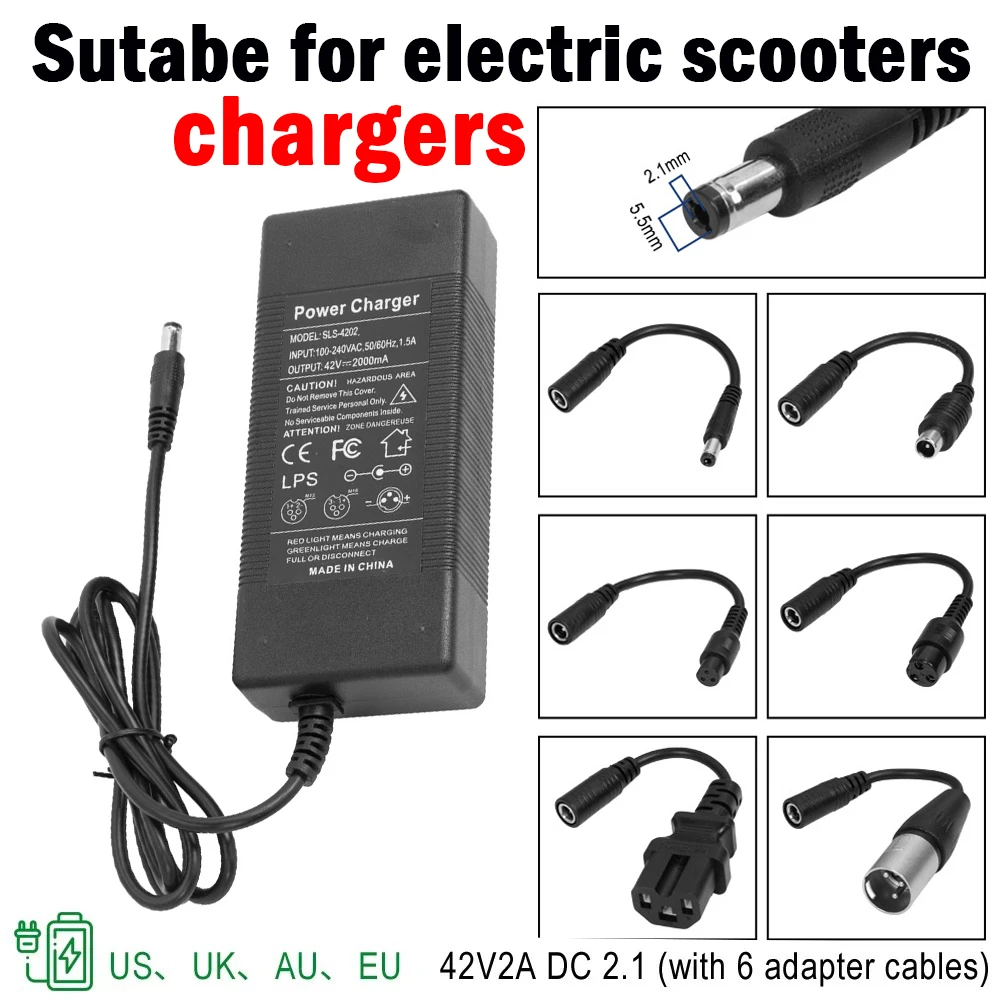 

Универсальное зарядное устройство 42В 2А с 6 адаптерными кабелями для электросамокатов Xiaomi M365 Pro 1S, Ninebot ES1, ES2, ES4