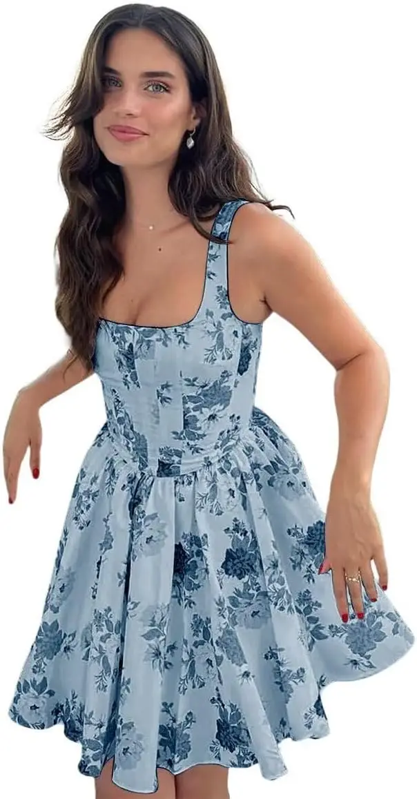 

Шифоновые платья для встречи выпускников с цветочным принтом для женщин, платья DAMA с квадратным вырезом для Quinceanera выше колена, мини-коктейльные платья