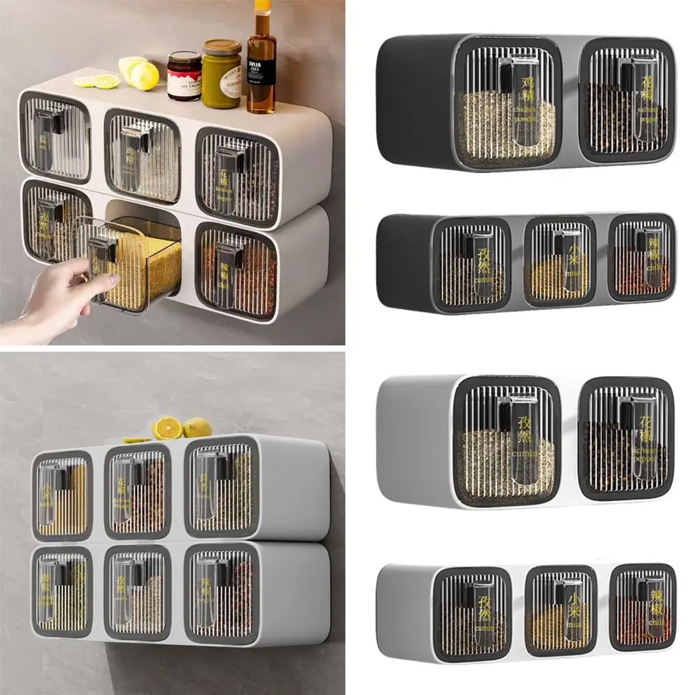 NEW Wall Mount Spice Boxes White Grey 2/3 Grids Seasoning Container Plastic Salt Msg Sugar Kitchen Storage Kitchen Supplies