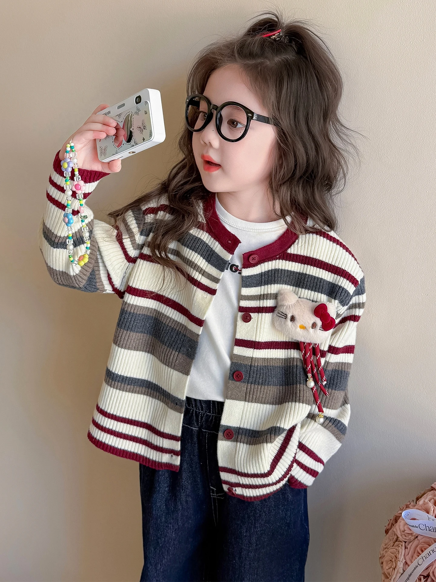 

Girls Stripe Knitwear Cardigan Long Sve Casual Sle Autumn Outerwear Coat Casual Pattern round Ne Single Button Closure