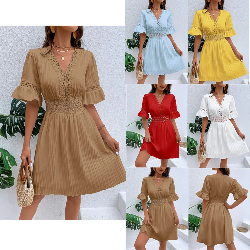 2024 صيف جديد Faion V-Ne الدانتيل تقليم لون نقي لصق الخصر مقصوص الدكتور البوليستر عالية الخصر ألف خط تنورة Sve طول